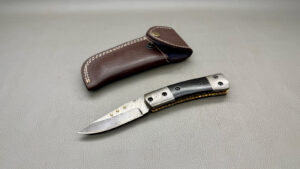 Damascus Steel Blade, Damascus Double Bolster Brass Spacers, Black Horn Handle with Leather Sheath