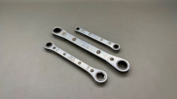 Snap On Flat Ratcheting Wrench Set Of 3 Sizes 1/2"-9/16"  3/8"-7/16"  &  5/16"-1/4" In Good Condition