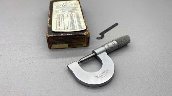 Starrett No 575C Thread Micrometer This has a pointed spindle and a double V-anvil, both shaped to contact the screw thread. 