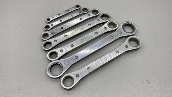 Snap On Ratchet Spanner Set In Good Condition Sizes - 15/16 - 1", 3/4 - 7/8", 5/8 - 11/16", 5/8 -3/4", 1/2 - 9/16", 3/8 - 7/16" and 1/4 - 5/16"