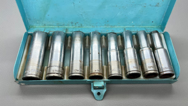 Minimax Metric Long Socket Set In The Original Metal Tin, Smallest Socket Has Been Narrowed On The End But Has Not Change Its Size, 10 - 21Mm.