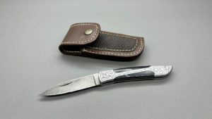 Damascus Folding Pocket Knife With Leather Sheath 8" Long Overall In Good Condition