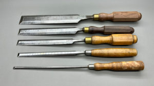 Long Pattern Makers Bevel Edge Chisel Set 1 1/2" Woodcock, 1" Bell & Son, 3/4" Nurse, 1/2" Sorby and 1/4" Worn Off