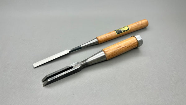 Pair Of Japanese Chisels Double Mortice 17mm and 12mm wide Bevel Edge In Good Condition
