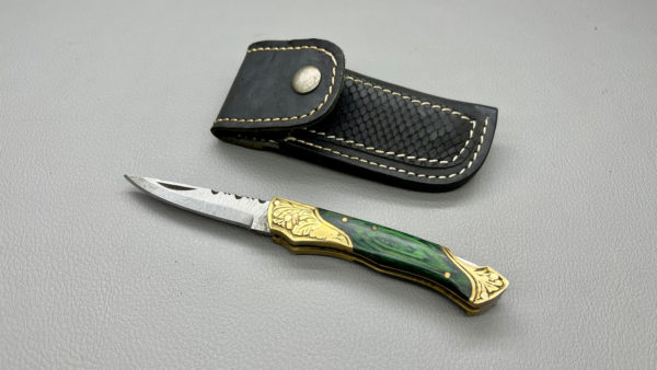 Damascus 7" Pocket Knife With Leather Pouch In Good Condition