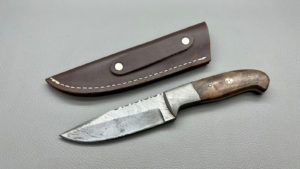 Damascus Bowie Knife With 4 1/4" Blade and Leather Sheath In Good Condition
