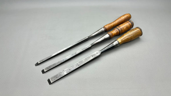 Three Quality Mortice Chisels Ward 1/2" James Swan 3/8" & 1/4"