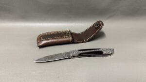 Damascus Folding Pocket Knife With Leather Sheath